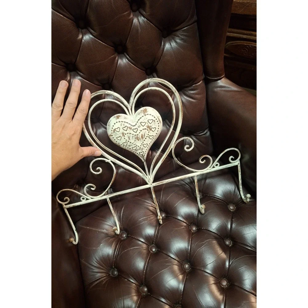 Vintage Shabby Chic White Metal Wall Shelf Hook Coat Rack Heart Distressed